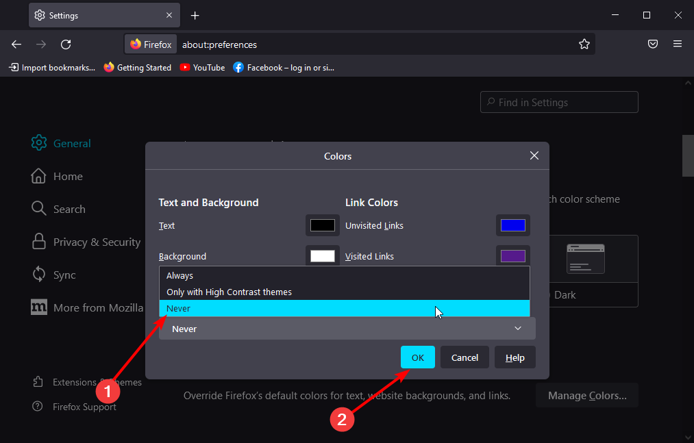 Выбор опции Никогда для отключения переопределения цветов в Firefox