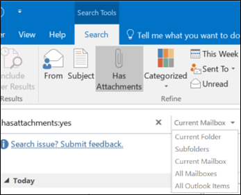 Фильтр «Есть вложения» в Outlook, отображение сообщений с вложениями