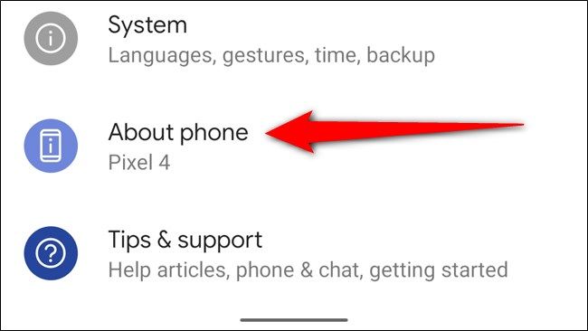 Пункт «О телефоне» в меню Настройки на Google Pixel 4