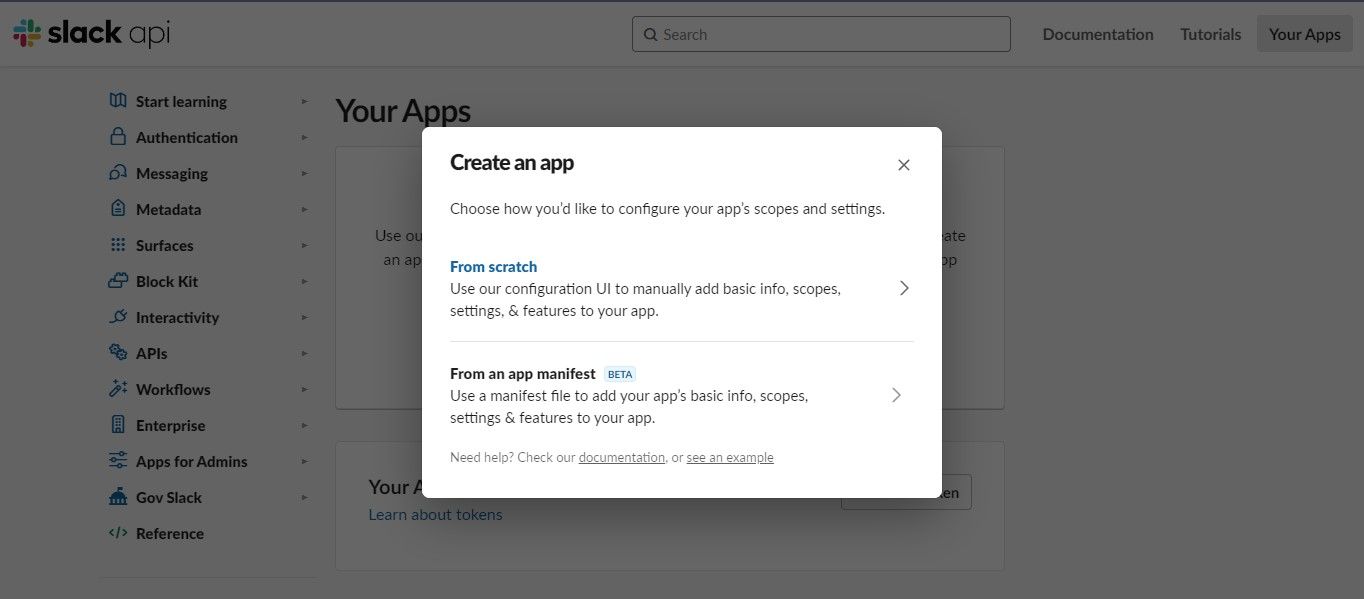 Всплывающее окно создания приложения в Slack API