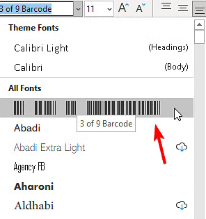пример применения шрифта 3 of 9 в Excel