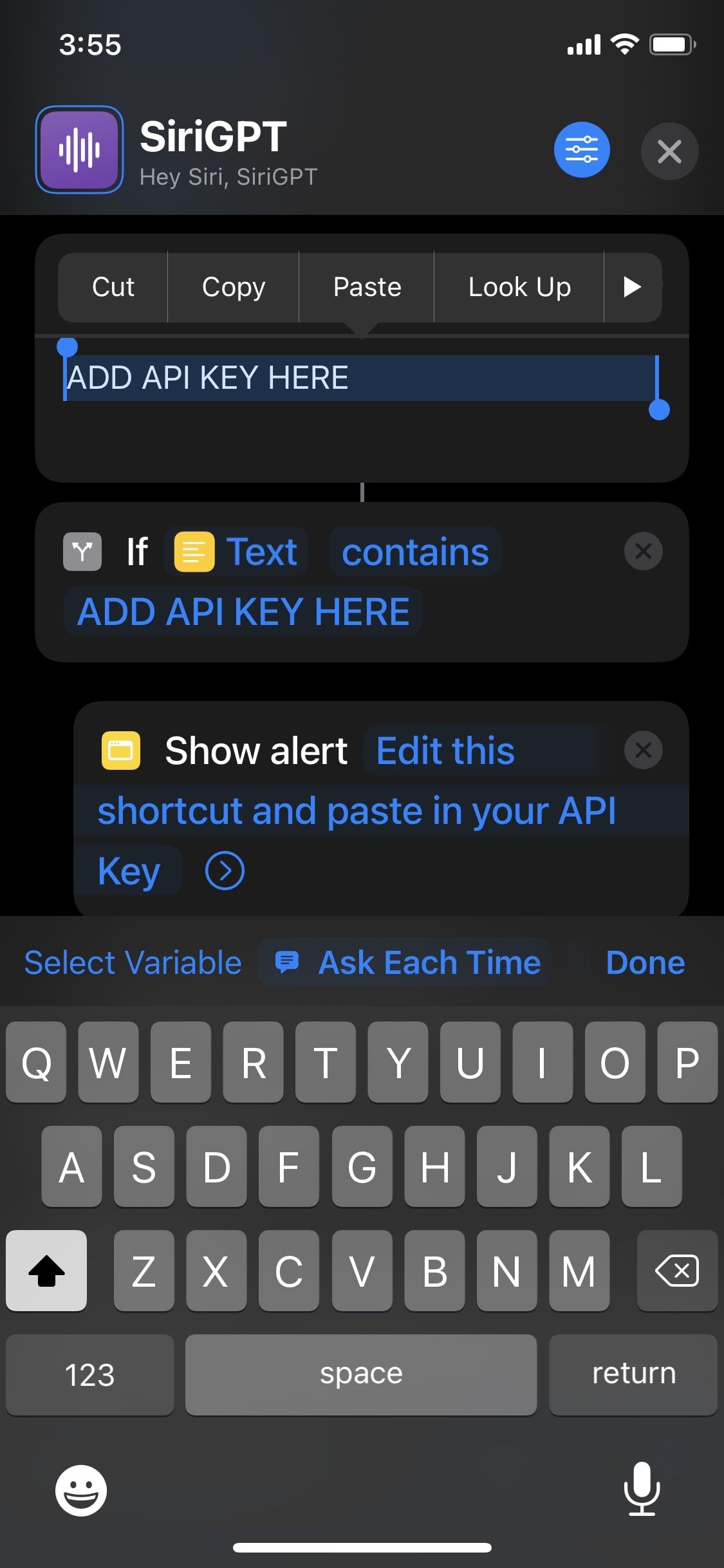 Вставка API-ключа SiriGPT