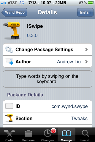 Экран установки iSwipe в Cydia