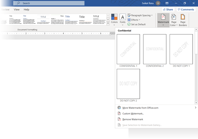 Выпадающее меню 'Подложка' в Word