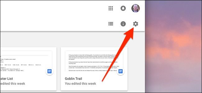Значок настроек Google Drive в правом верхнем углу