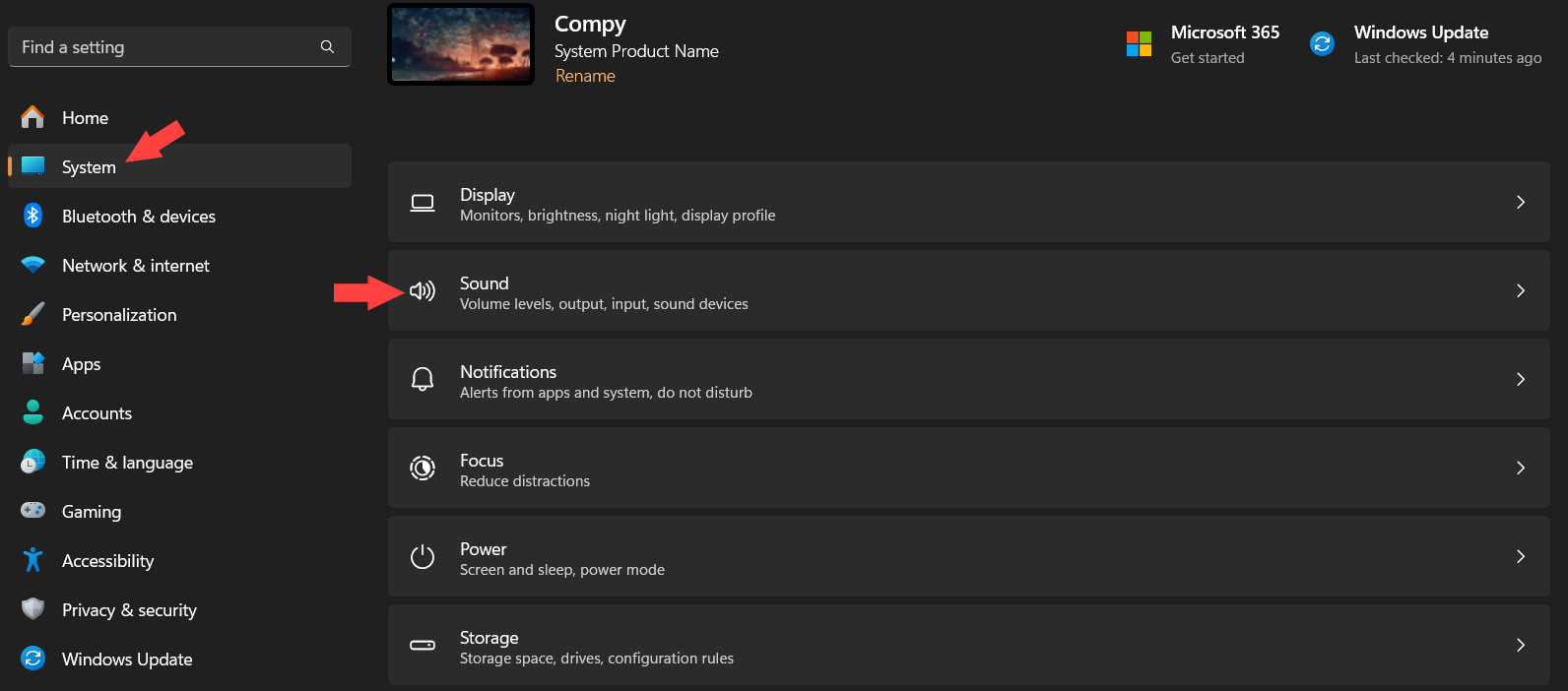 Изображение настроек Windows с указателями на разделы Система и Звук