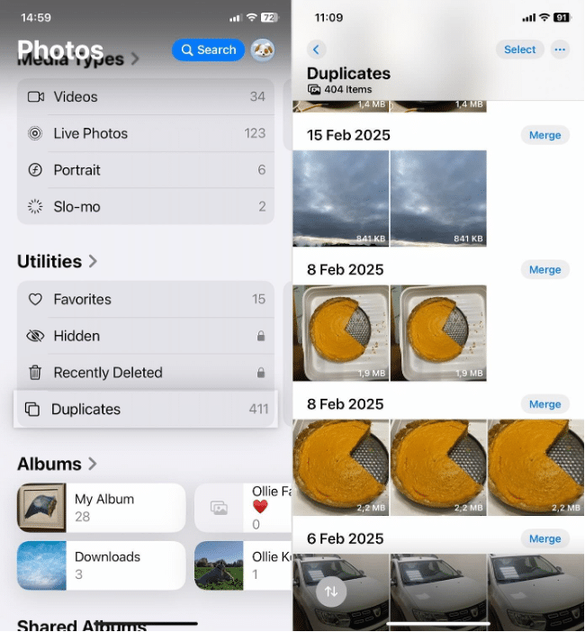 Интерфейс с группировкой точных дубликатов в Photos
