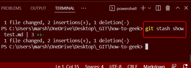 Вывод команды git stash show с краткой информацией о diff