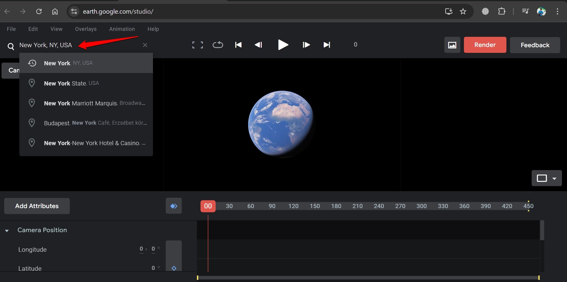 Поиск и выбор локации в Earth Studio