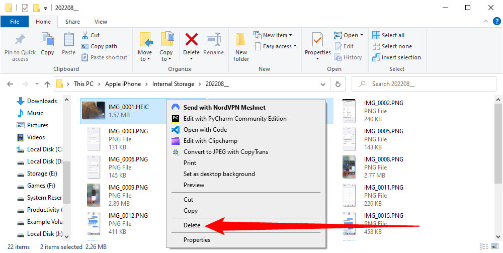 Щёлкните правой кнопкой по файлу, чтобы удалить фото или видео с iPhone через Проводник.