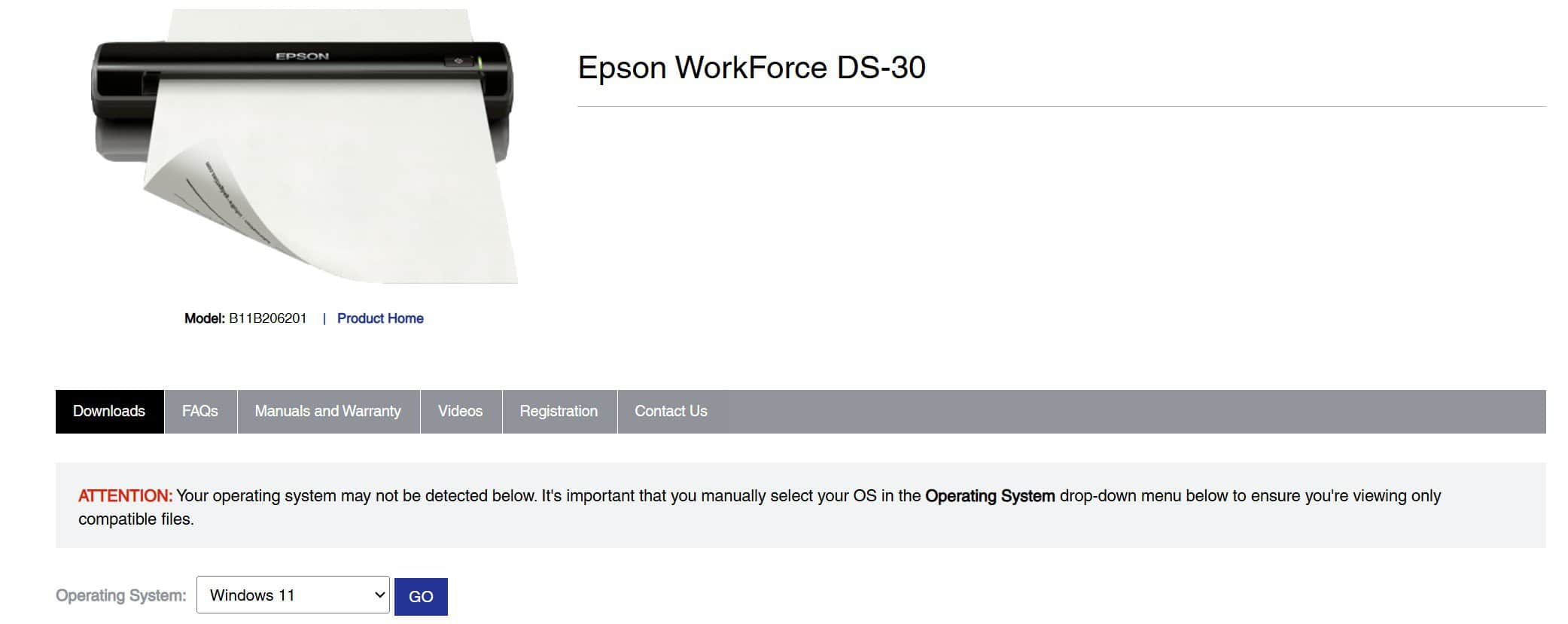 Выбор Windows 11 (64-bit) в выпадающем списке ОС на странице поддержки Epson