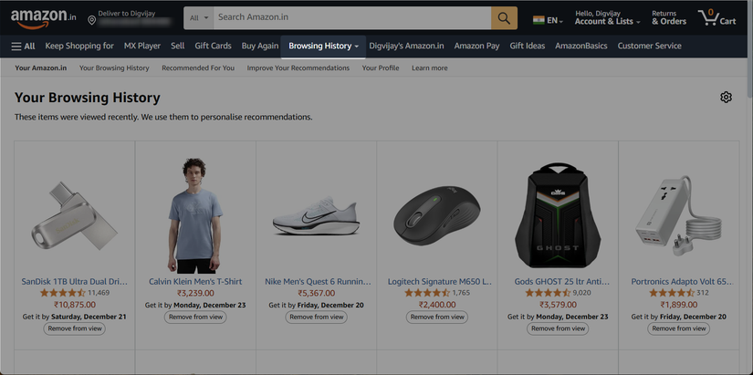 Viewing my Amazon browsing history