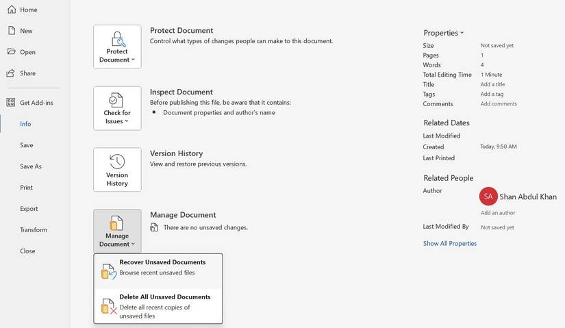 Открытая папка с несохранёнными документами Word