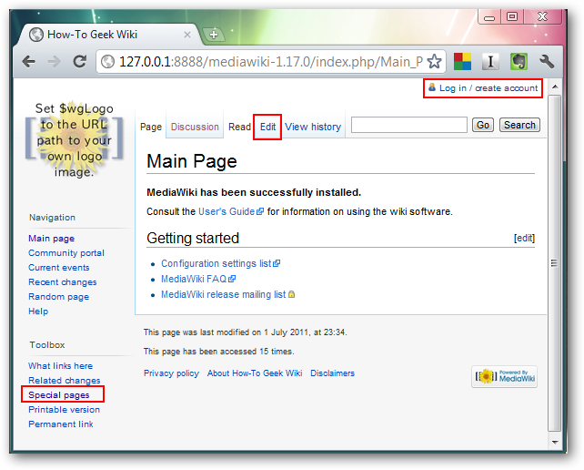Главная страница MediaWiki с темой MonoBook