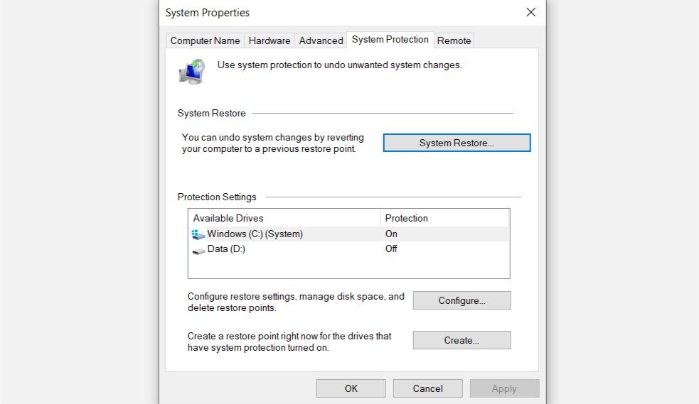 Вкладка защиты системы в окне конфигурации
