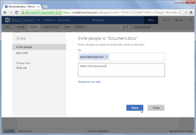Окно общего доступа в Office Online — ввод адресов и выбор разрешений