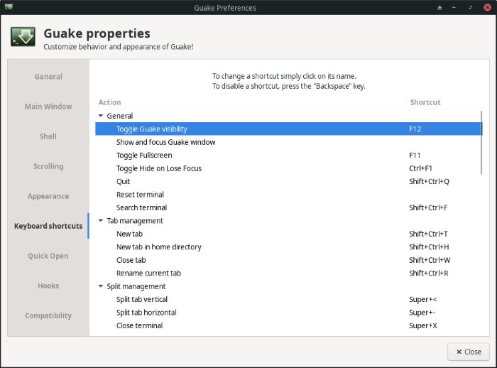 Настройка горячих клавиш Guake
