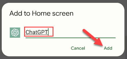 Измените имя ярлыка ChatGPT и нажмите Добавить