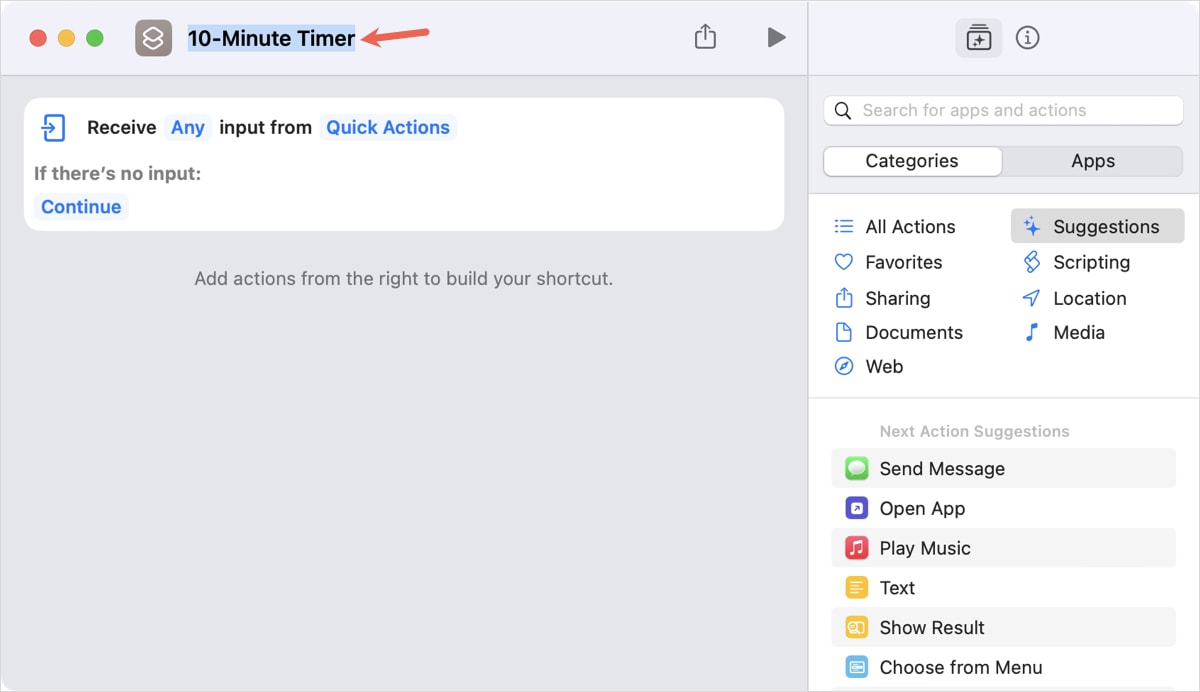 Имя шортката Set Timer