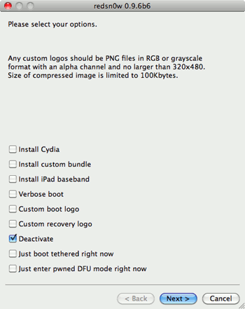 Выбор опции Deactivate в redsn0w
