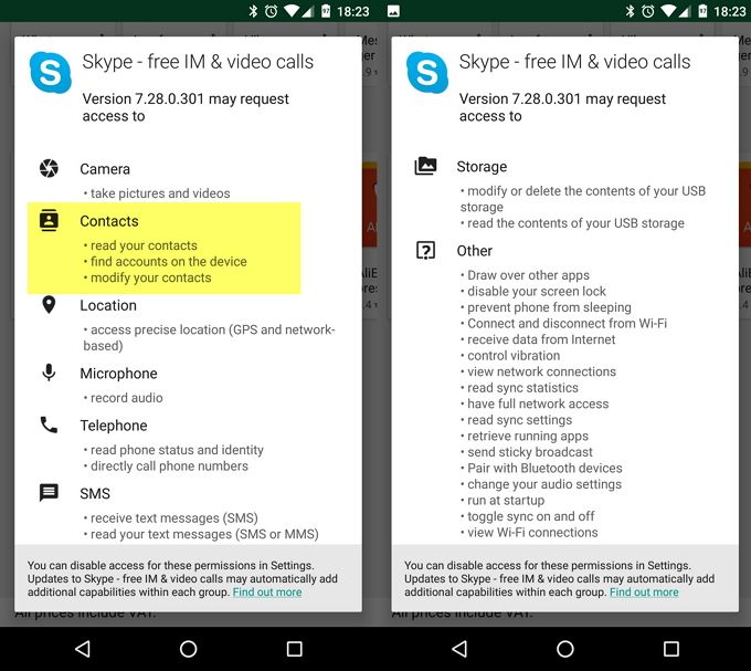 Запрос разрешений Skype на доступ к контактам