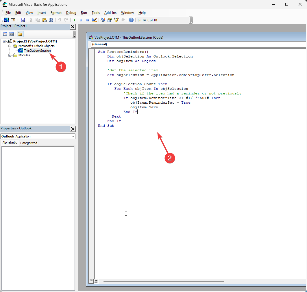 Окно редактора VBA, ThisOutlookSession