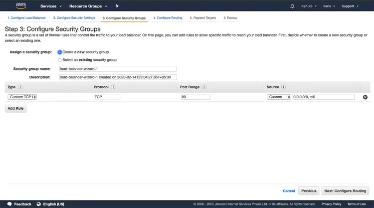 Выбор или создание Security Group для балансировщика