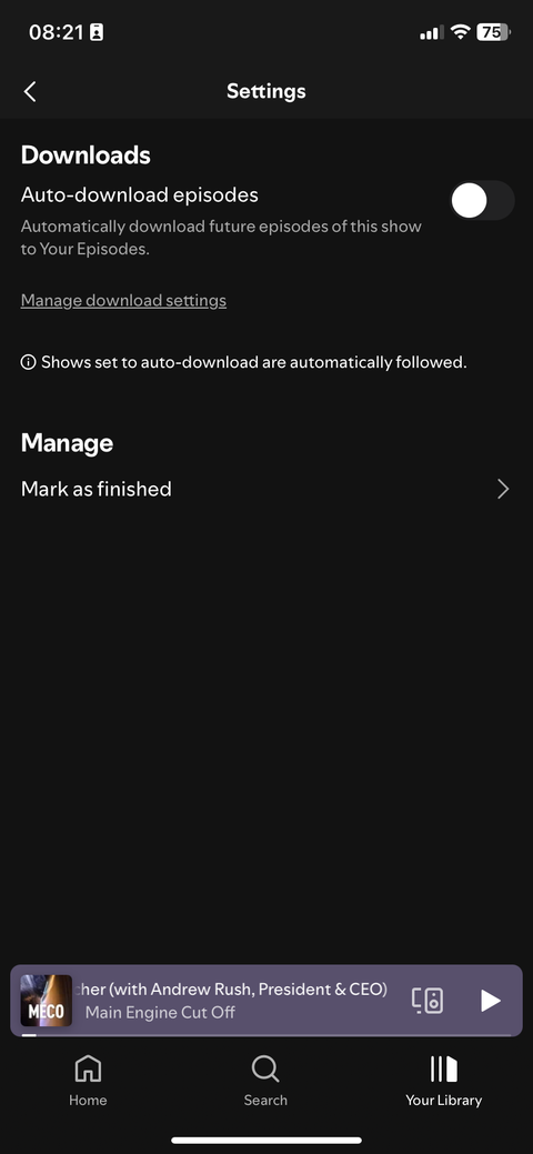 The Spotify app on an iPhone, where a user is managing their settings for a podcast series.
