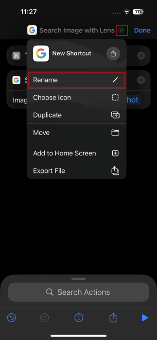 Переименование нового ярлыка в Командах на iPhone