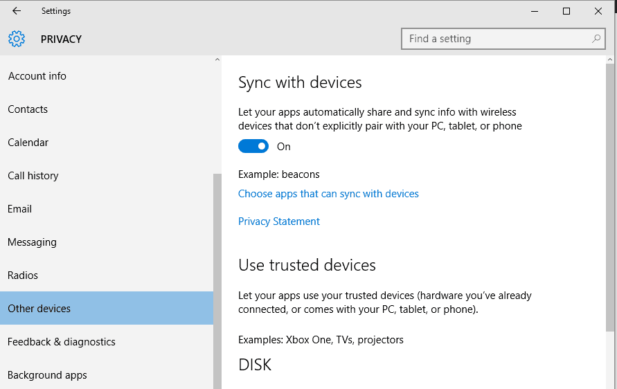 Windows 10 개인정보 설정의 '다른 장치' 및 신뢰된 장치 사용 옵션