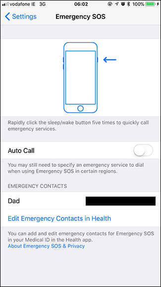 Настройки автодозвона Emergency SOS