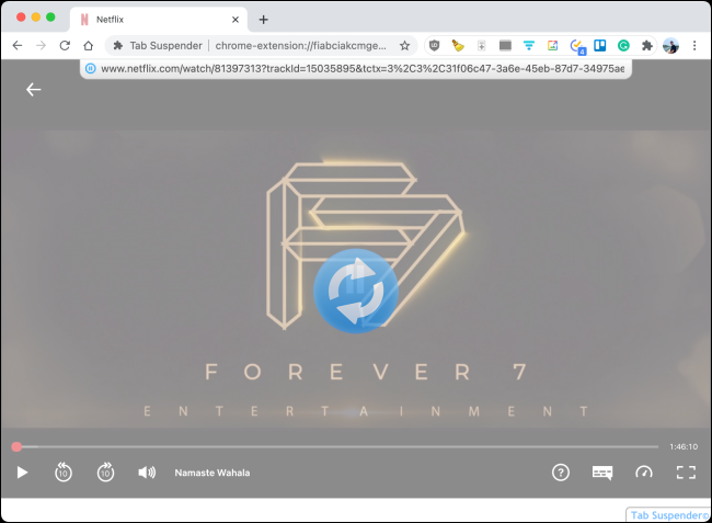 Вкладка, приостановленная в Chrome, с уведомлением о приостановке