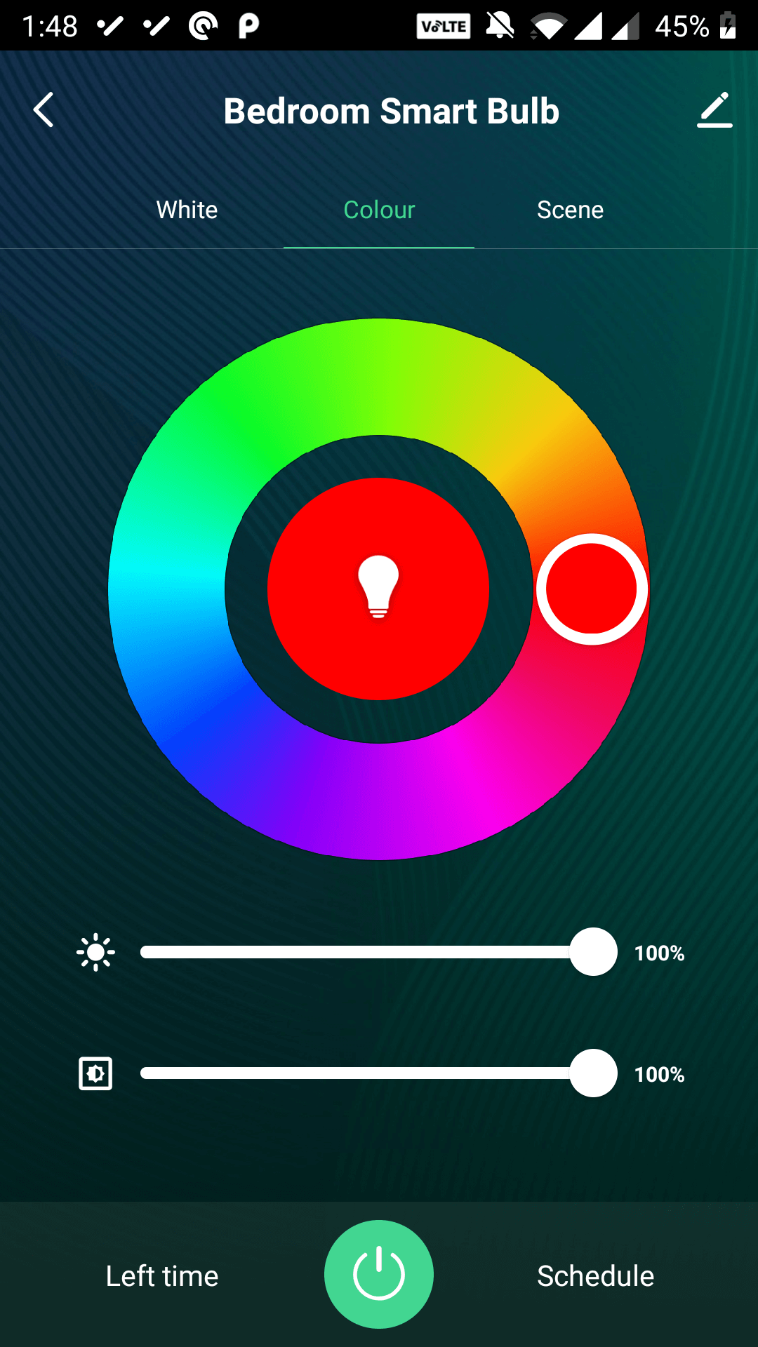 изменение цвета лампы на экране смартфона