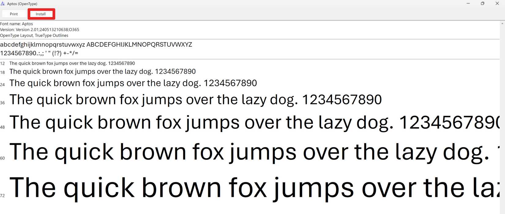The install page for the Aptos Font with the