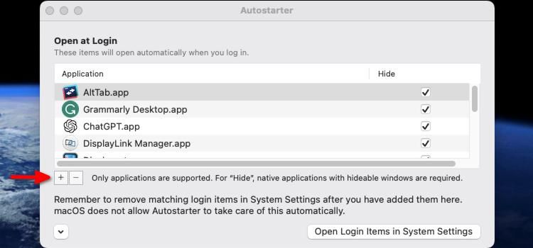 Список приложений Autostarter в macOS