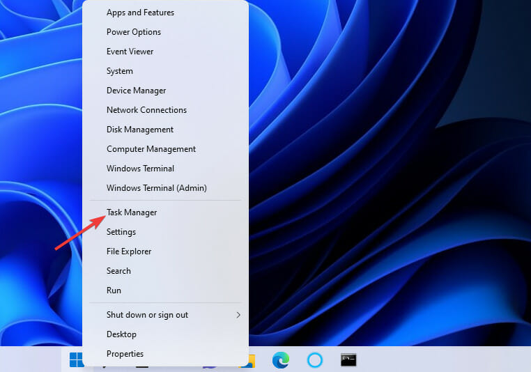 Опция Диспетчер задач в меню Power User