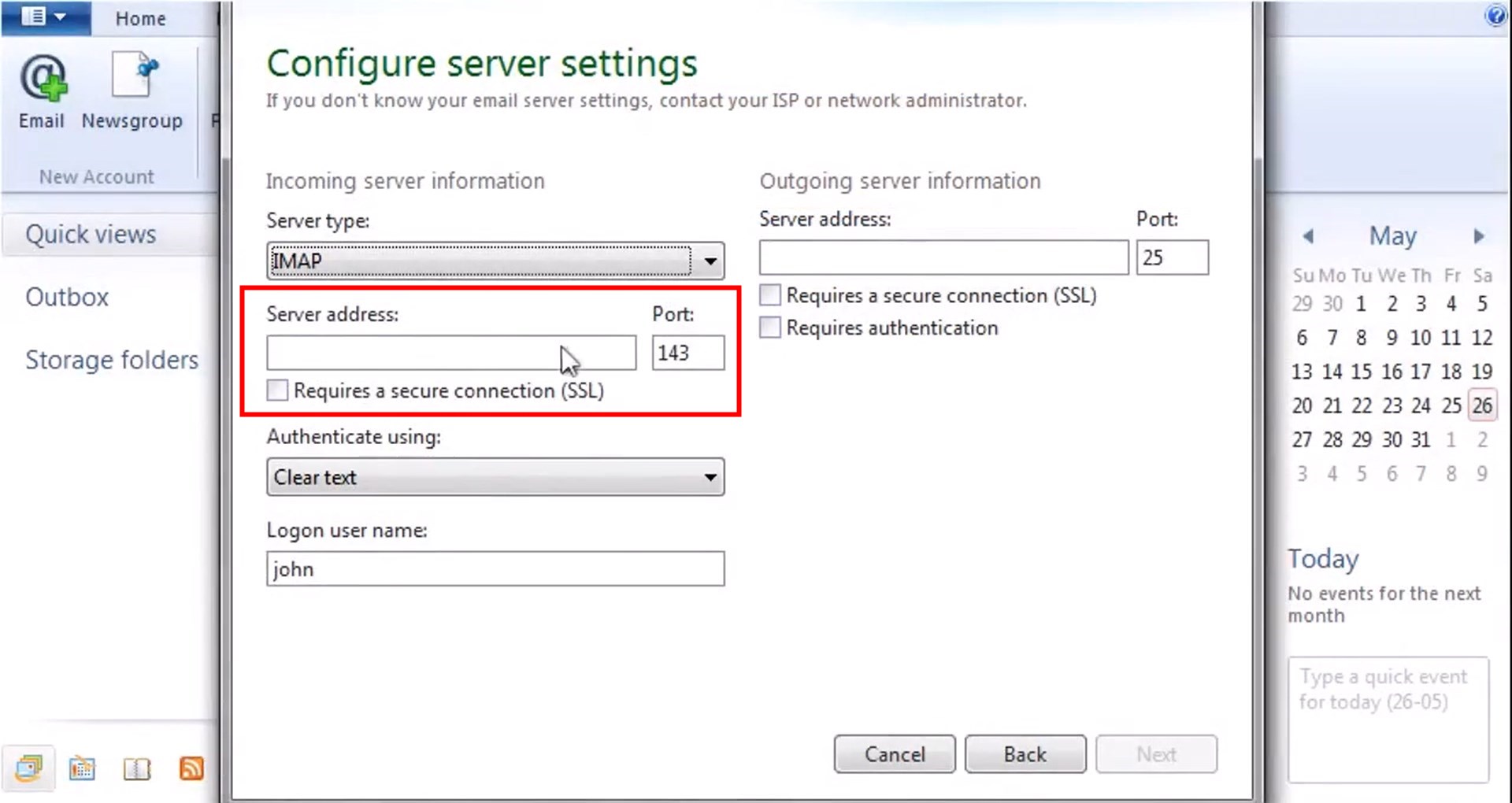 Поле 'Server Address' с imap-mail.outlook.com и порт 993