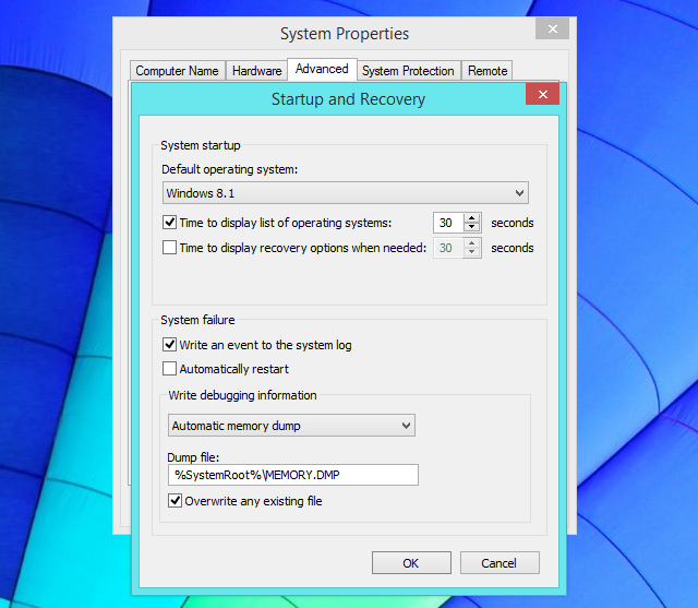 Настройка создания дампов и отключения автоматической перезагрузки в Windows 8