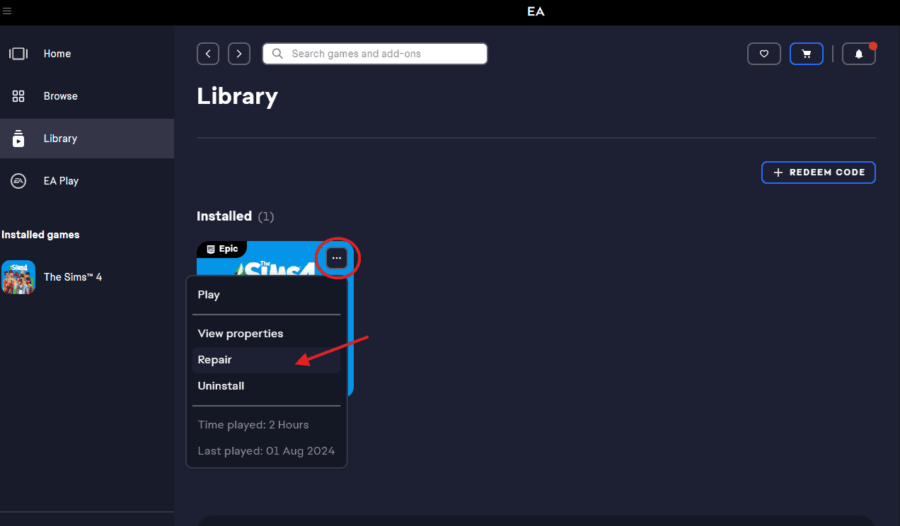 Кнопка Repair в библиотеке EA app для The Sims 4