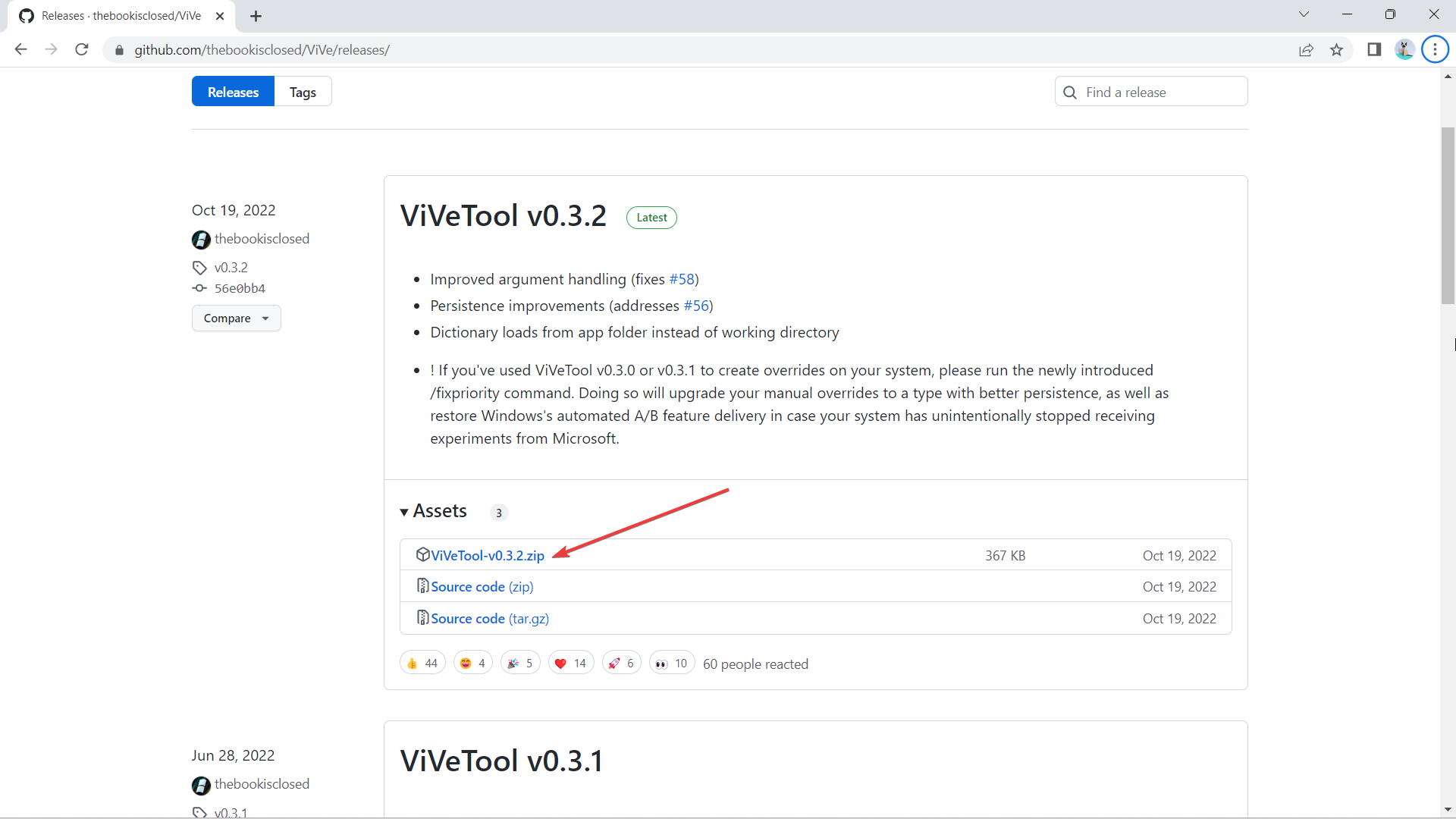 Страница загрузки ViVeTool на GitHub