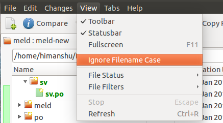Опция Ignore Filename Case в Meld