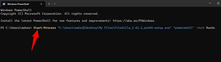 Окно PowerShell с командой для запуска EXE‑файла с правами администратора в Windows 11