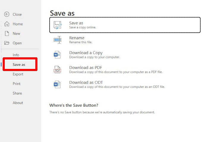 Диалог сохранения документа в Microsoft Word Web