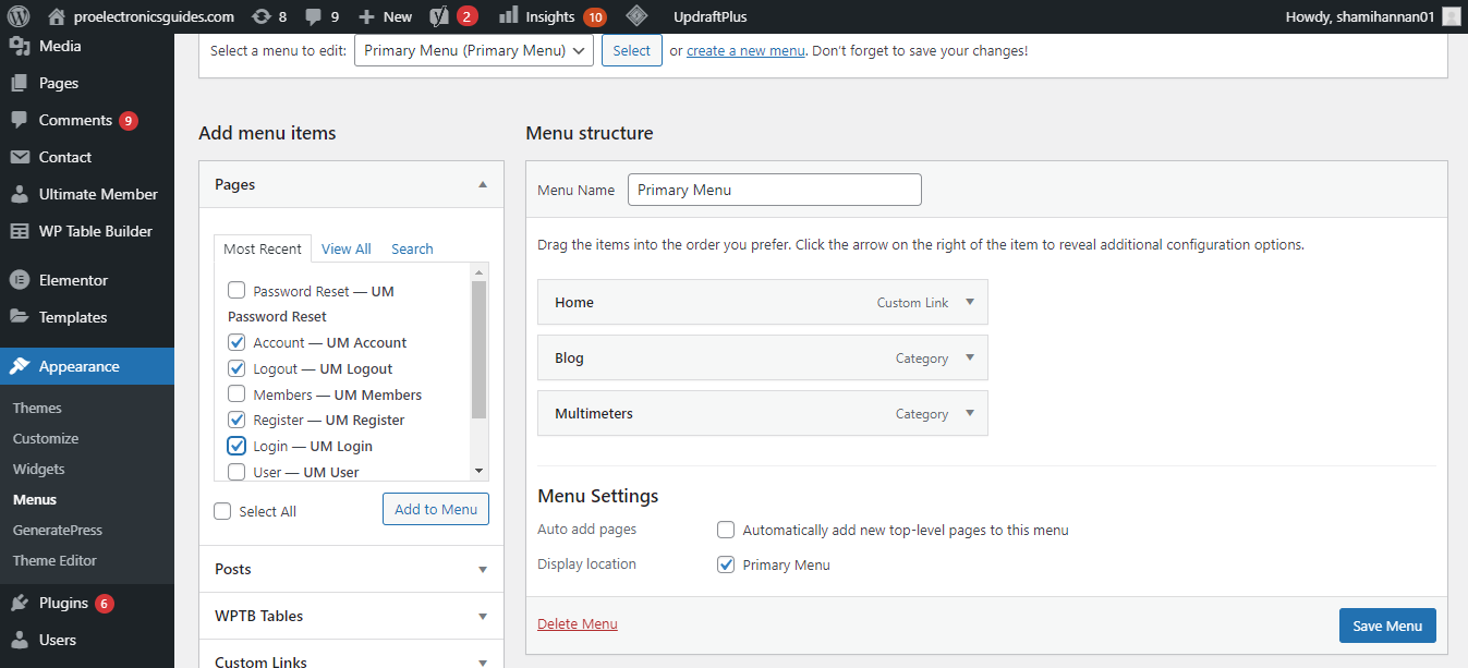 Выбор страниц для добавления в меню сайта