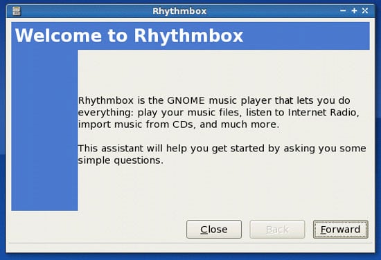 Мастер настройки Rhythmbox — шаг «Далее»