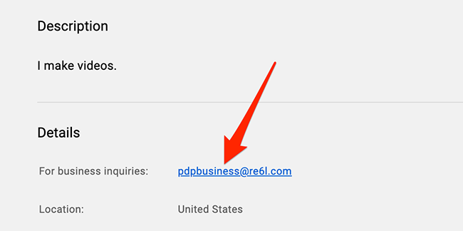 Адрес для деловых запросов на странице канала YouTube.