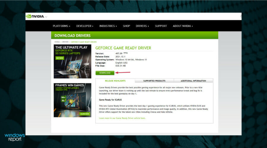 Кнопка «Скачать» на странице драйвера NVIDIA