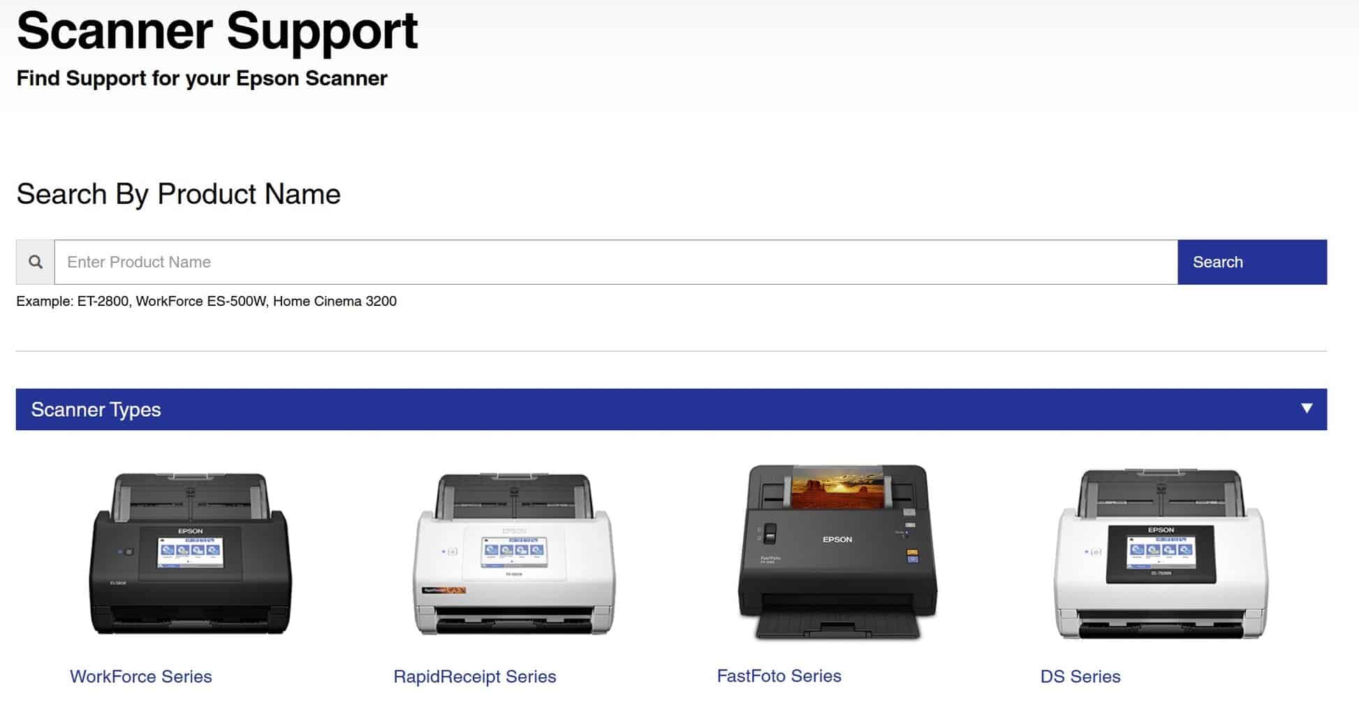 Скриншот списка продуктов и поиска модели на сайте Epson