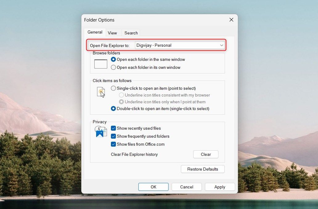 Выбрать открытие Проводника в OneDrive