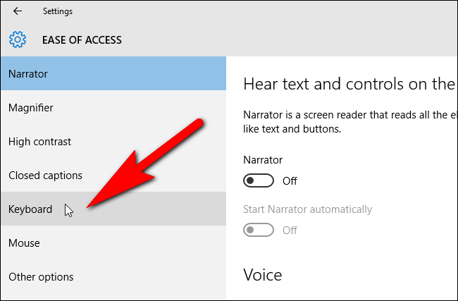 Пункт Клавиатура в Специальных возможностях Windows 10